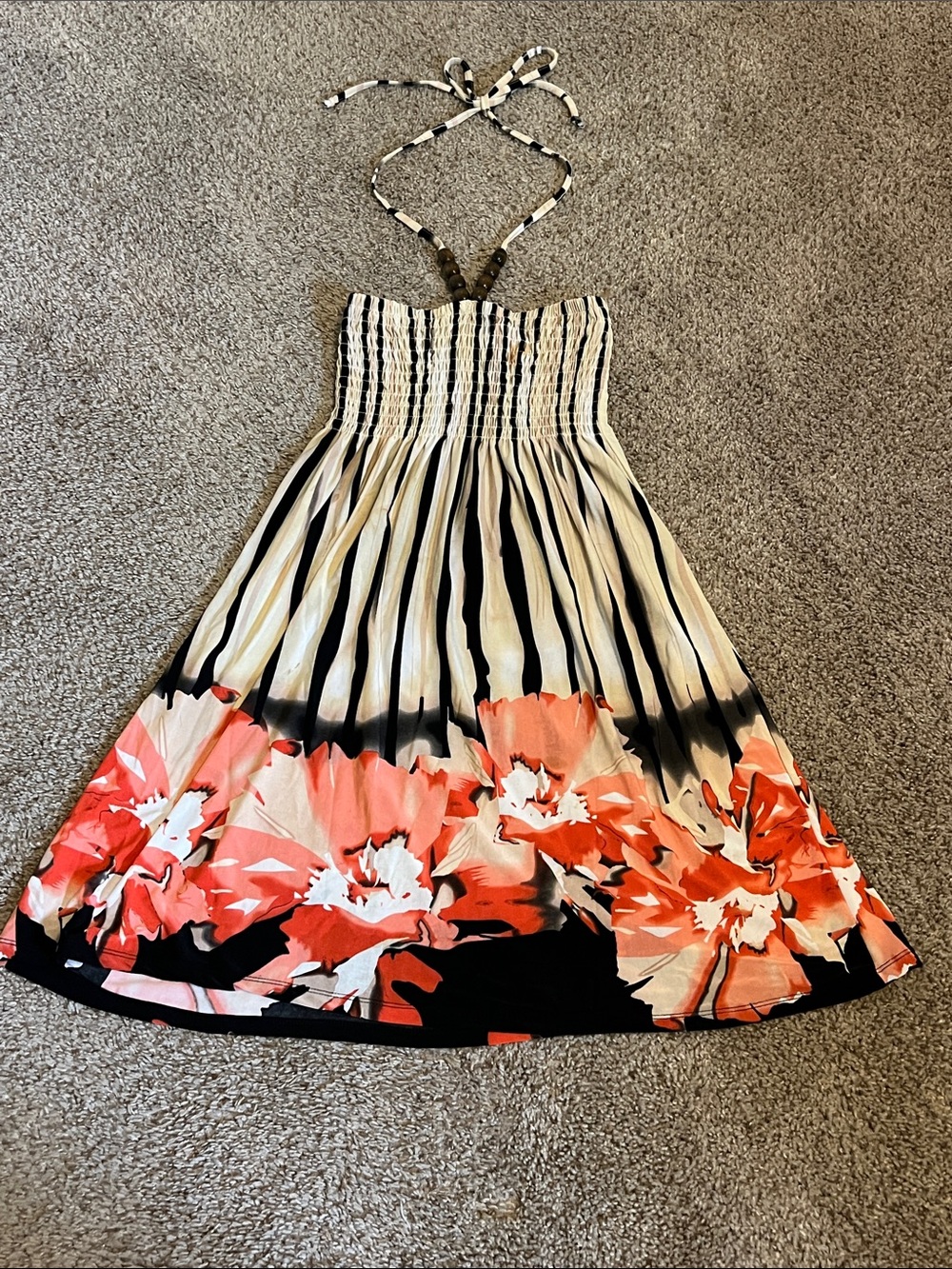 DANA Sport Smocked Strapless Top — Black & Cream Stripes